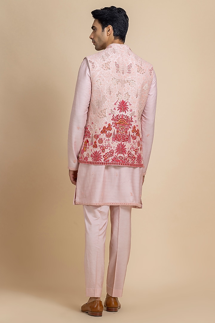Baby Pink Raw Silk Embroidered Bundi Jacket Set by Dolly J MAN at Pernia's Pop Up Shop