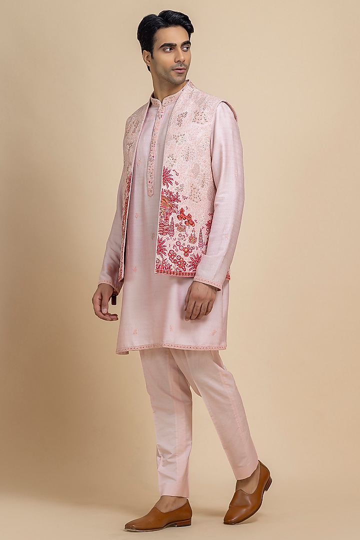Baby Pink Raw Silk Embroidered Bundi Jacket Set by Dolly J MAN at Pernia's Pop Up Shop