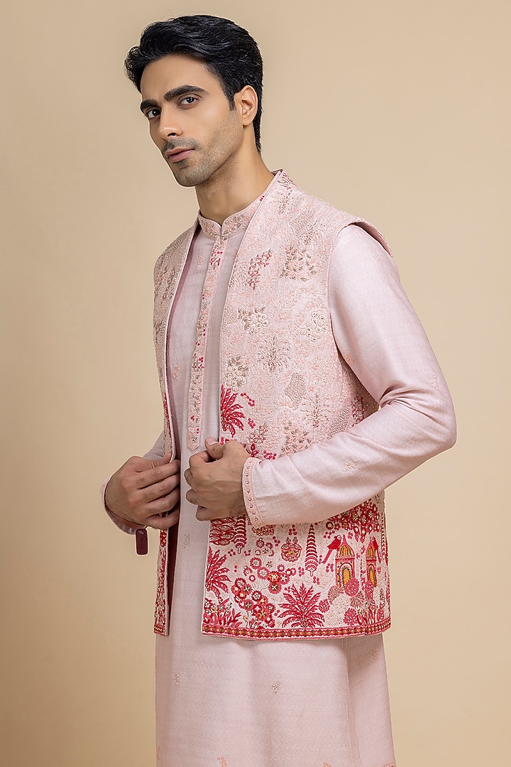 Baby Pink Raw Silk Embroidered Bundi Jacket Set by Dolly J MAN at Pernia's Pop Up Shop