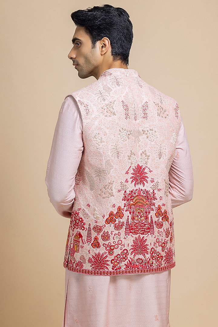 Baby Pink Raw Silk Embroidered Bundi Jacket Set by Dolly J MAN at Pernia's Pop Up Shop