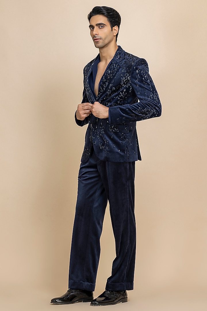 Ink Blue Velvet Blazer Set by Dolly J MAN at Pernia's Pop Up Shop