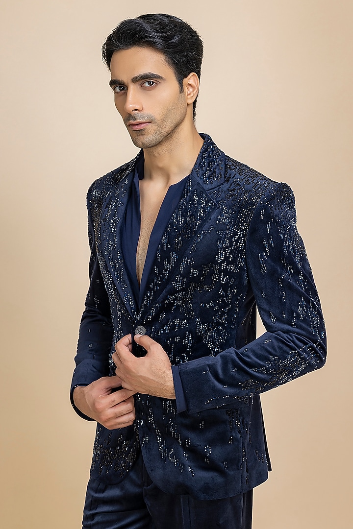 Ink Blue Velvet Blazer Set by Dolly J MAN at Pernia's Pop Up Shop