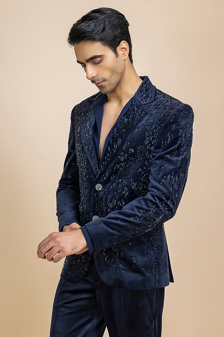 Ink Blue Velvet Blazer Set by Dolly J MAN at Pernia's Pop Up Shop
