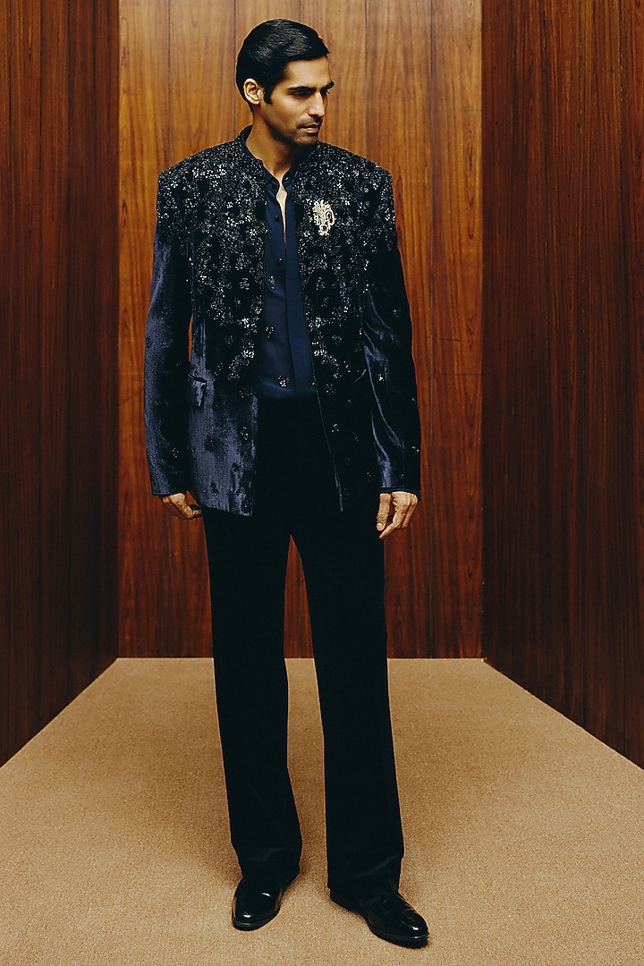 Dark Royal Blue Velvet Embroidered Jacket Set by Dolly J MAN at Pernia's Pop Up Shop
