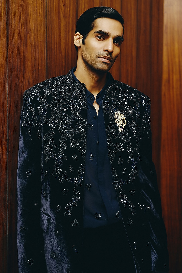 Dark Royal Blue Velvet Embroidered Jacket Set by Dolly J MAN at Pernia's Pop Up Shop