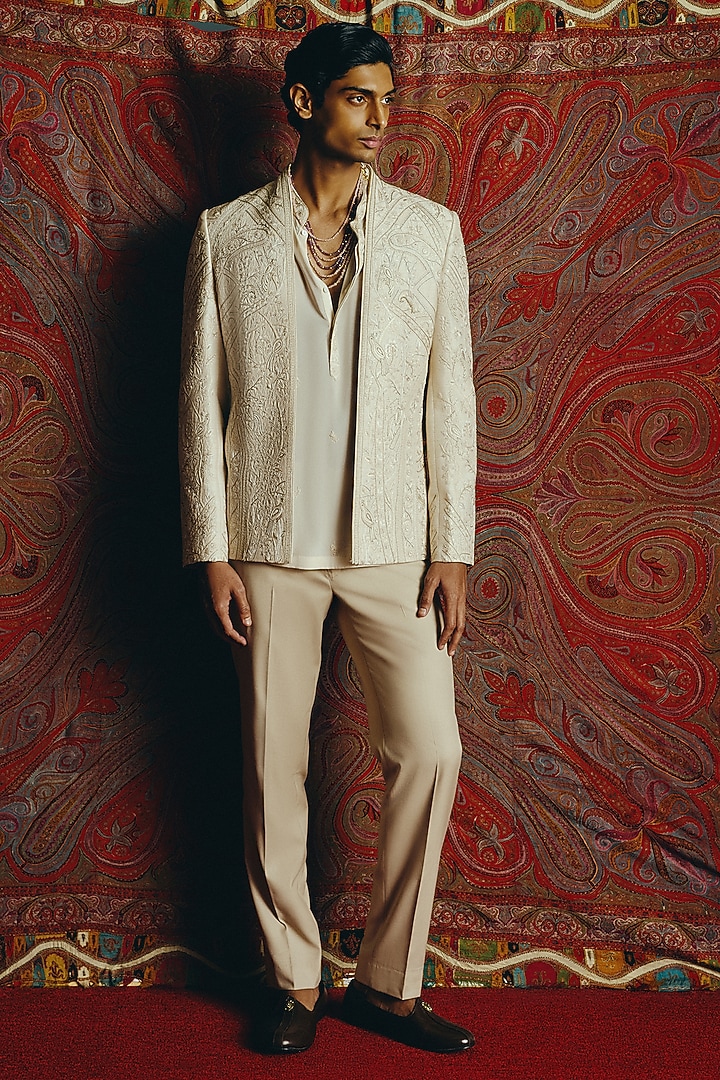 Ivory Raw Silk Embroidered Groom Indowestern Set by Dolly J MAN at Pernia's Pop Up Shop