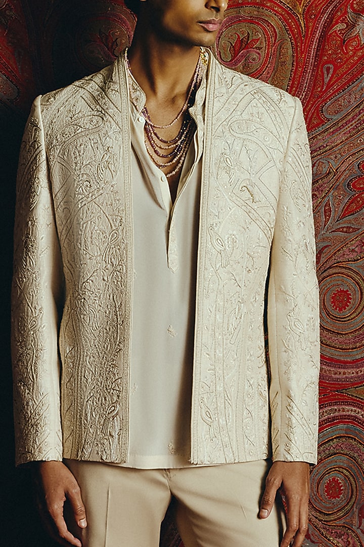 Ivory Raw Silk Embroidered Groom Indowestern Set by Dolly J MAN at Pernia's Pop Up Shop