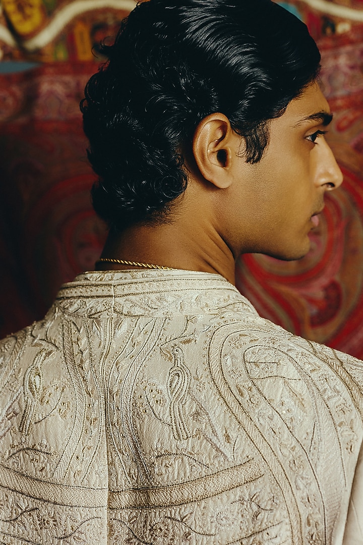 Ivory Raw Silk Embroidered Groom Indowestern Set by Dolly J MAN at Pernia's Pop Up Shop
