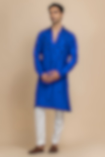 Cobalt Blue Silk Embroidered Kurta Set by Dolly J MAN at Pernia's Pop Up Shop