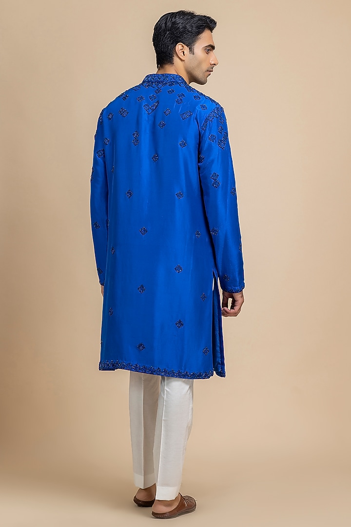 Cobalt Blue Silk Embroidered Kurta Set by Dolly J MAN at Pernia's Pop Up Shop