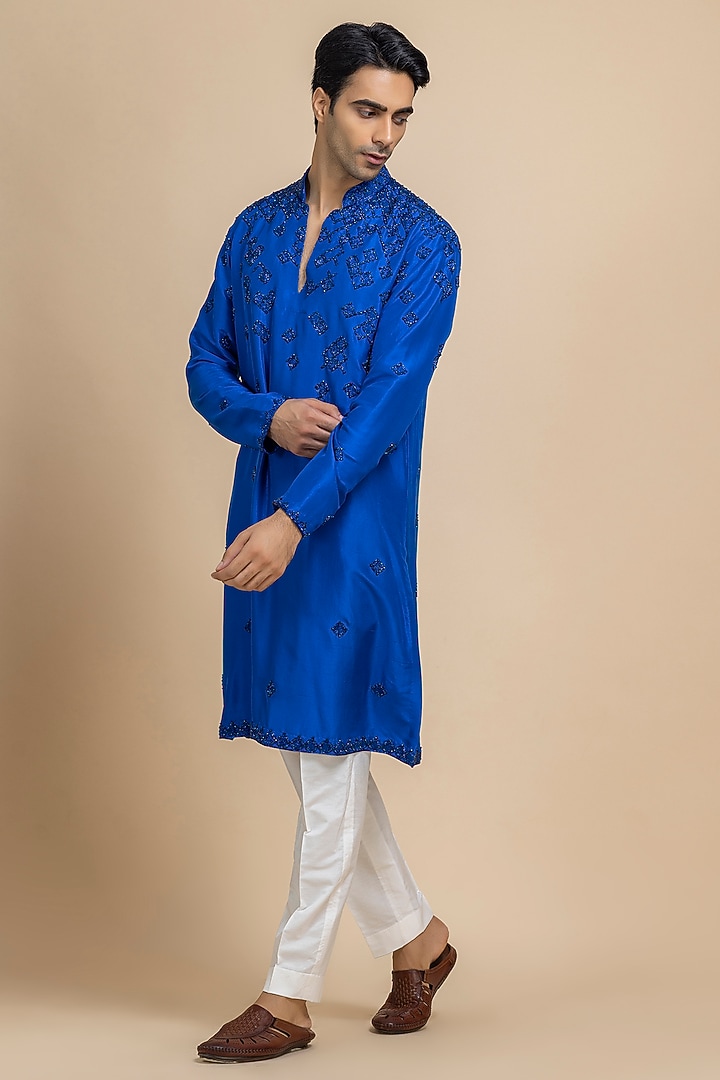 Cobalt Blue Silk Embroidered Kurta Set by Dolly J MAN at Pernia's Pop Up Shop
