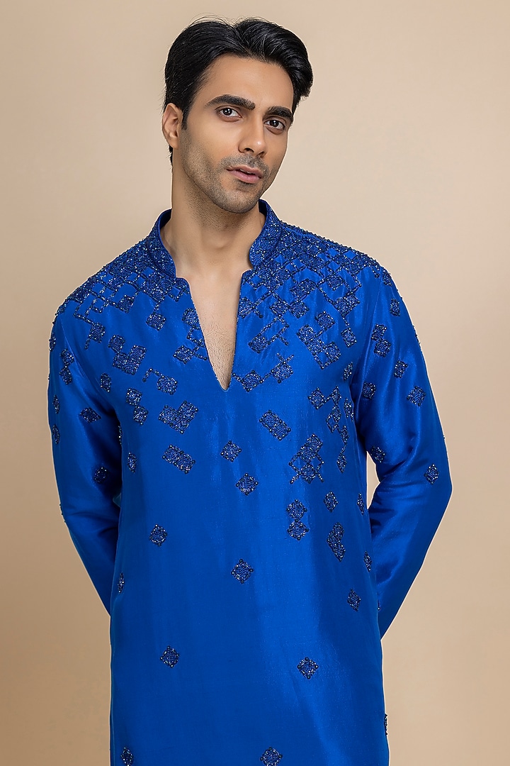 Cobalt Blue Silk Embroidered Kurta Set by Dolly J MAN at Pernia's Pop Up Shop