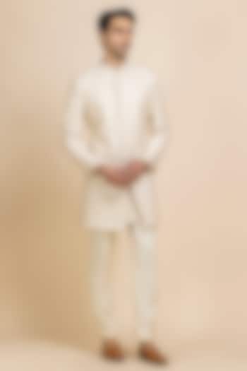 Pearl White Raw Silk Tonal Embroidered Groom Sherwani Set by Dolly J MAN at Pernia's Pop Up Shop