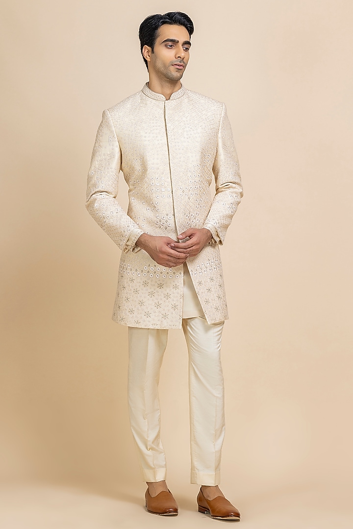 Pearl White Raw Silk Tonal Embroidered Groom Sherwani Set by Dolly J MAN at Pernia's Pop Up Shop