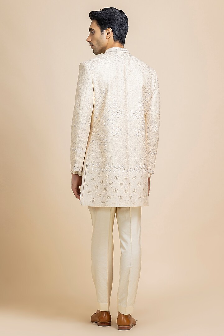 Pearl White Raw Silk Tonal Embroidered Groom Sherwani Set by Dolly J MAN at Pernia's Pop Up Shop