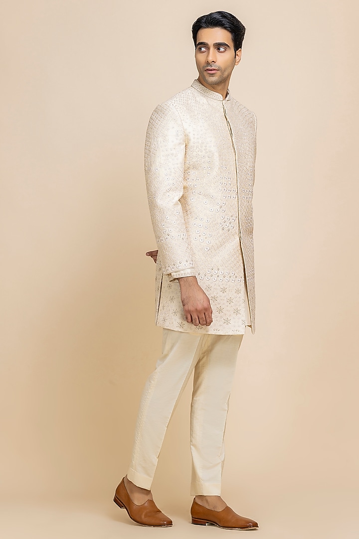 Pearl White Raw Silk Tonal Embroidered Groom Sherwani Set by Dolly J MAN at Pernia's Pop Up Shop