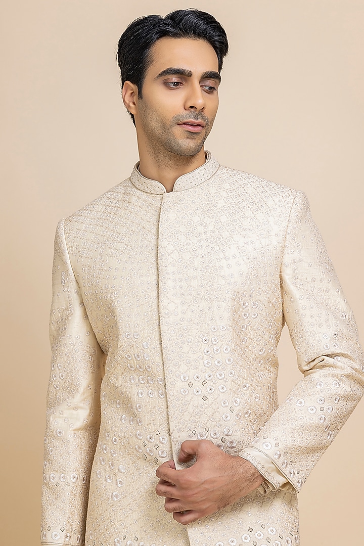Pearl White Raw Silk Tonal Embroidered Groom Sherwani Set by Dolly J MAN at Pernia's Pop Up Shop