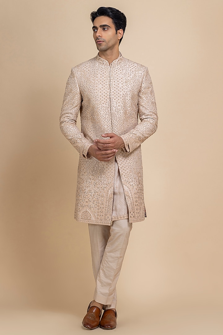 Blush Raw Silk Hand Embroidered Groom Sherwani Set by Dolly J MAN at Pernia's Pop Up Shop