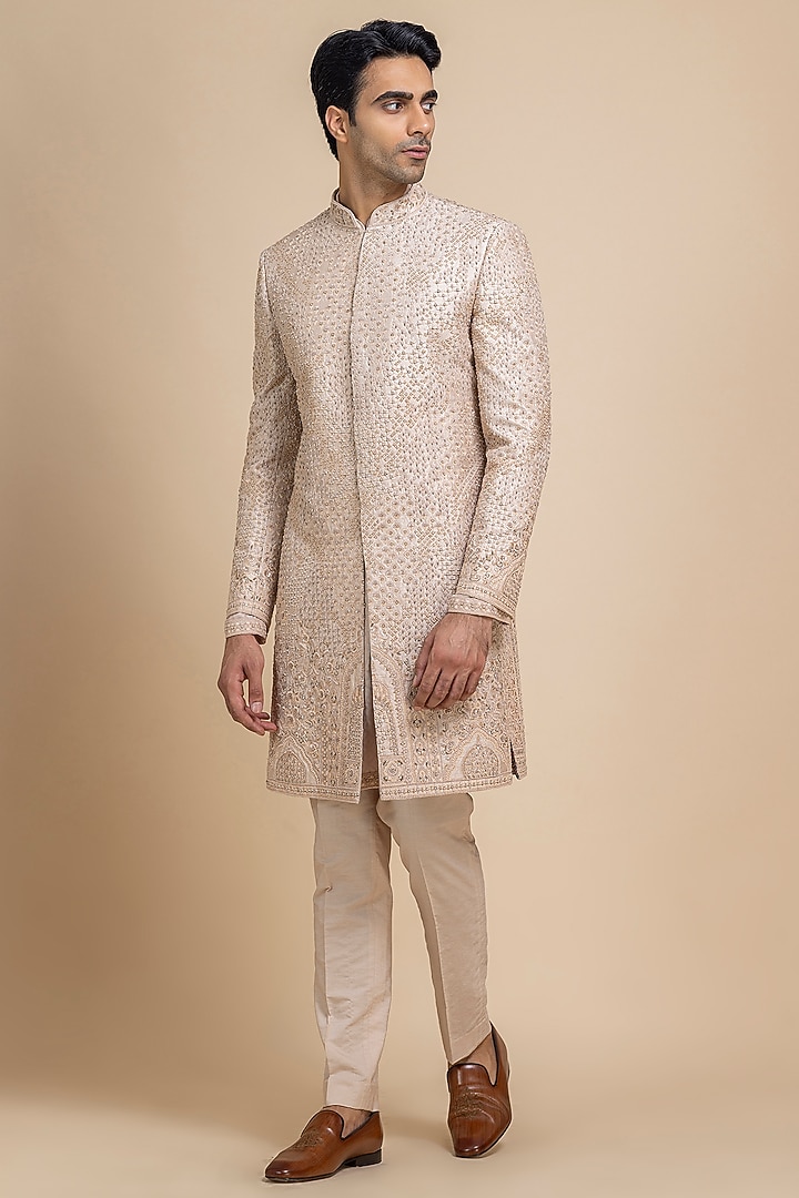Blush Raw Silk Hand Embroidered Groom Sherwani Set by Dolly J MAN at Pernia's Pop Up Shop