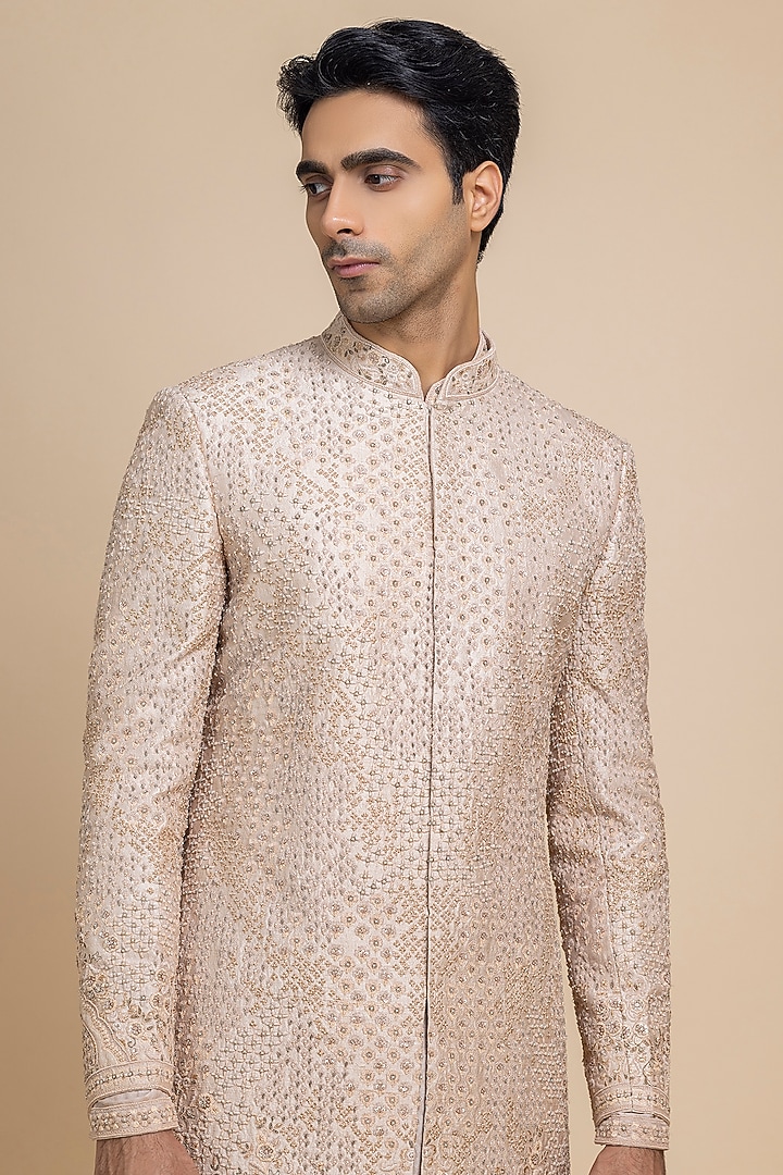 Blush Raw Silk Hand Embroidered Groom Sherwani Set by Dolly J MAN at Pernia's Pop Up Shop