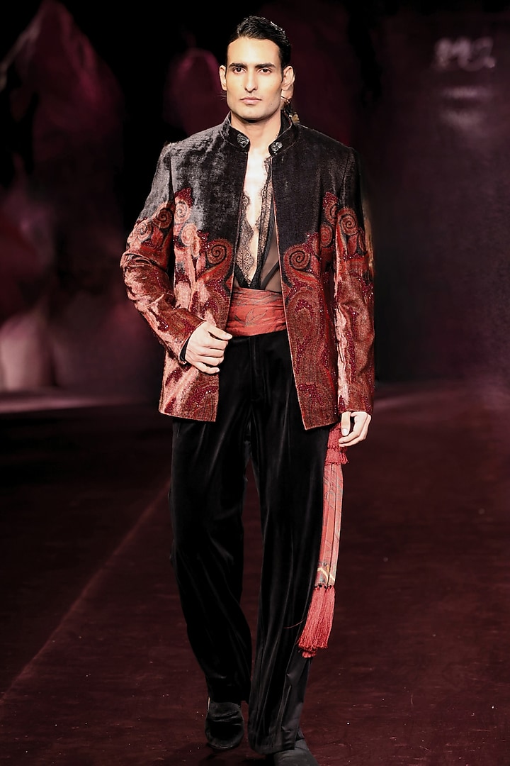 Red & Black Velvet Open Jacket Set by Dolly J MAN at Pernia's Pop Up Shop