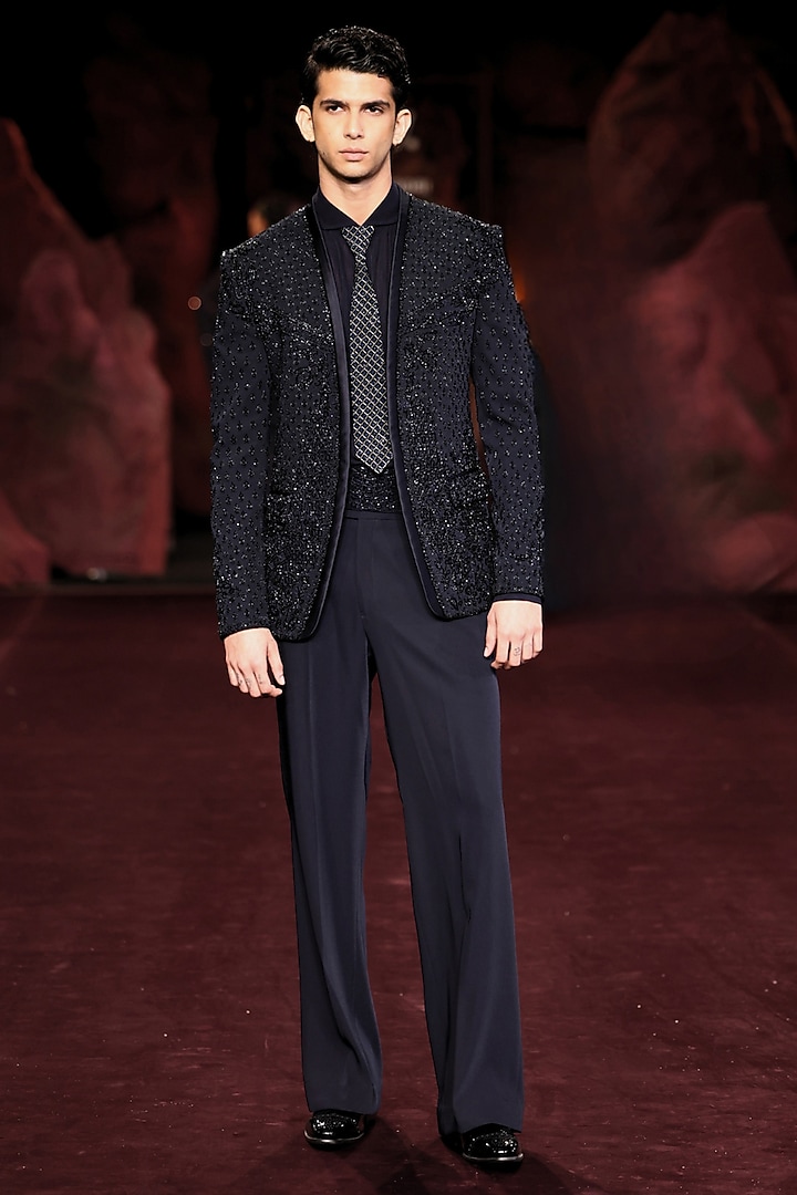 Sapphire Velvet Hand Embroidered Jacket Set by Dolly J MAN at Pernia's Pop Up Shop