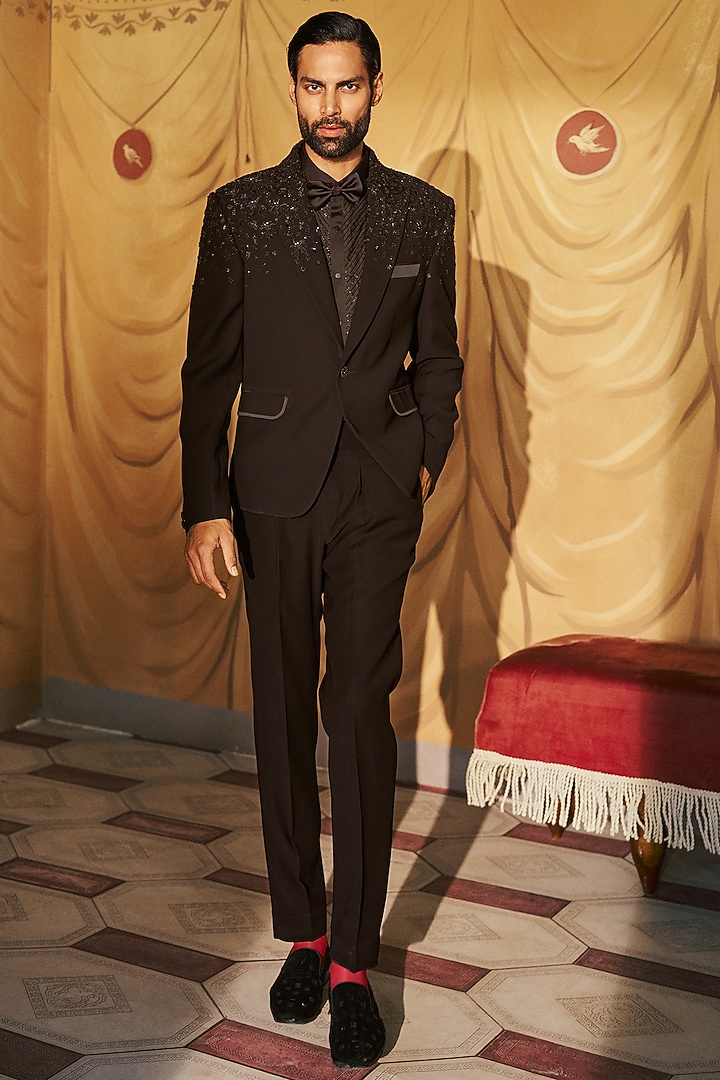 Black Japanese Crepe Threadwork Embroidered Tuxedo Set by Dolly J MAN at Pernia's Pop Up Shop