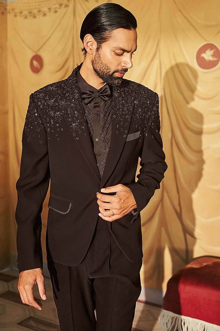 Black Japanese Crepe Threadwork Embroidered Tuxedo Set by Dolly J MAN at Pernia's Pop Up Shop