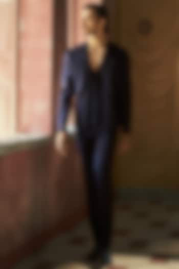 Ink Blue Japanese Crepe Hand Embroidered Front-Open Jacket Set by Dolly J MAN at Pernia's Pop Up Shop