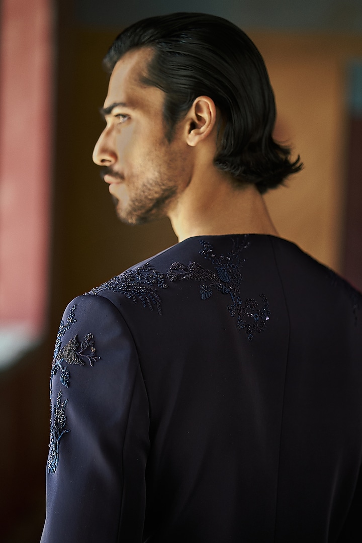 Ink Blue Japanese Crepe Hand Embroidered Front-Open Jacket Set by Dolly J MAN at Pernia's Pop Up Shop