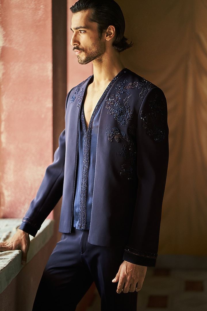 Ink Blue Japanese Crepe Hand Embroidered Front-Open Jacket Set by Dolly J MAN at Pernia's Pop Up Shop