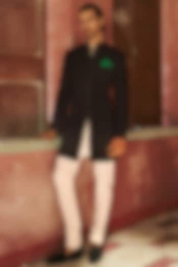 Black Japanese Crepe Threadwork Embellished Achkan Jacket Set by Dolly J MAN at Pernia's Pop Up Shop