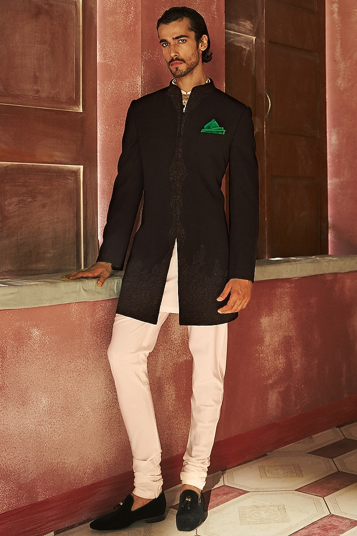 Black Japanese Crepe Threadwork Embellished Achkan Jacket Set by Dolly J MAN at Pernia's Pop Up Shop