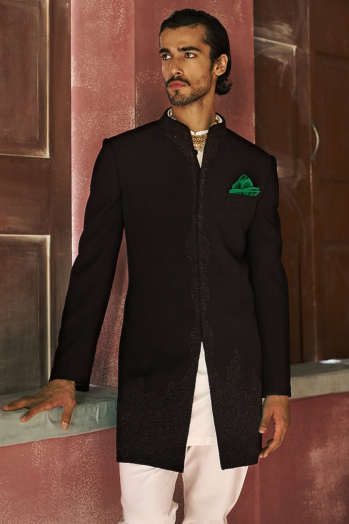 Black Japanese Crepe Threadwork Embellished Achkan Jacket Set by Dolly J MAN at Pernia's Pop Up Shop