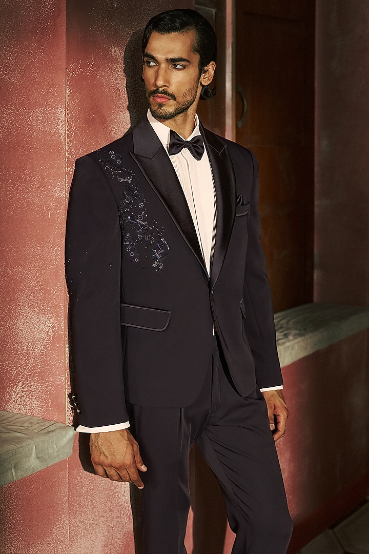 Indigo Mist Japanese Crepe Hand Embroidered Tuxedo Set by Dolly J MAN at Pernia's Pop Up Shop