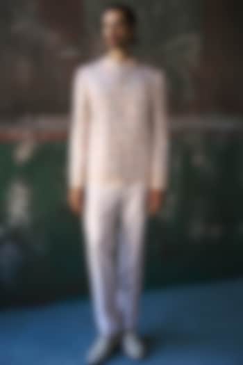 Platinum-Colored Dutch Satin Floral Embroidered Groom Bandhgala Set by Dolly J MAN at Pernia's Pop Up Shop