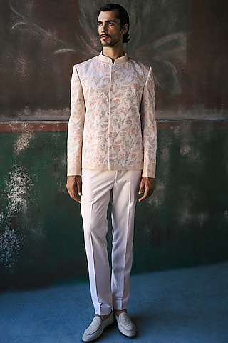 Platinum-Colored Dutch Satin Floral Embroidered Bandhgala Set by Dolly J MAN