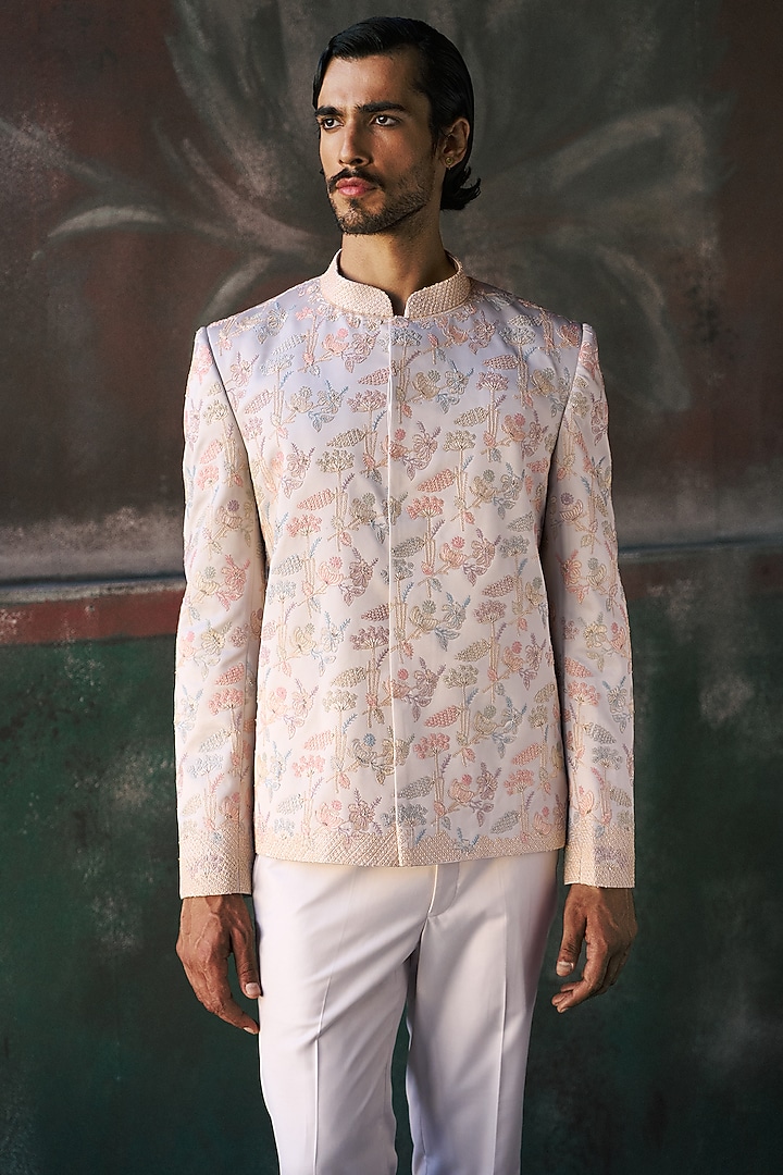 Platinum-Colored Dutch Satin Floral Embroidered Groom Bandhgala Set by Dolly J MAN at Pernia's Pop Up Shop