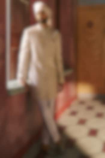 Pearl White Raw Silk Hand Embroidered Groom Sherwani Set by Dolly J MAN at Pernia's Pop Up Shop