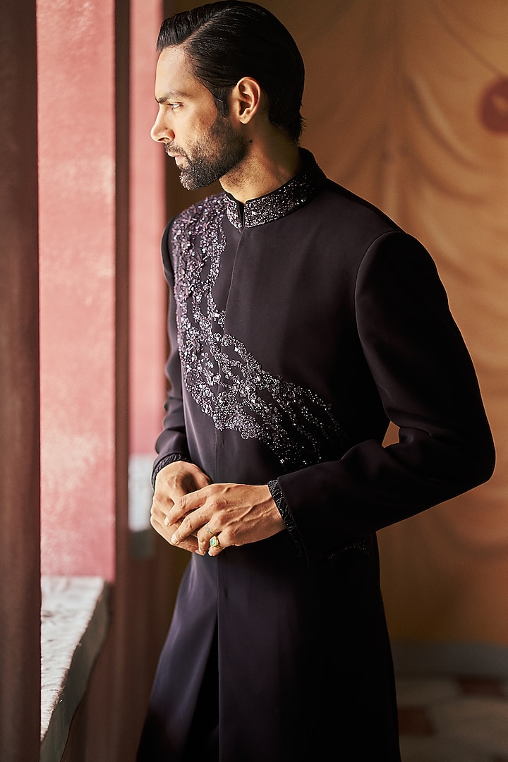 Black Japanese Crepe Embroidered Achkan Jacket Set by Dolly J MAN at Pernia's Pop Up Shop