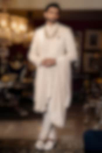 Unicorn Silver Dutch Satin Hand Embroidered Groom Sherwani Set by Dolly J MAN at Pernia's Pop Up Shop