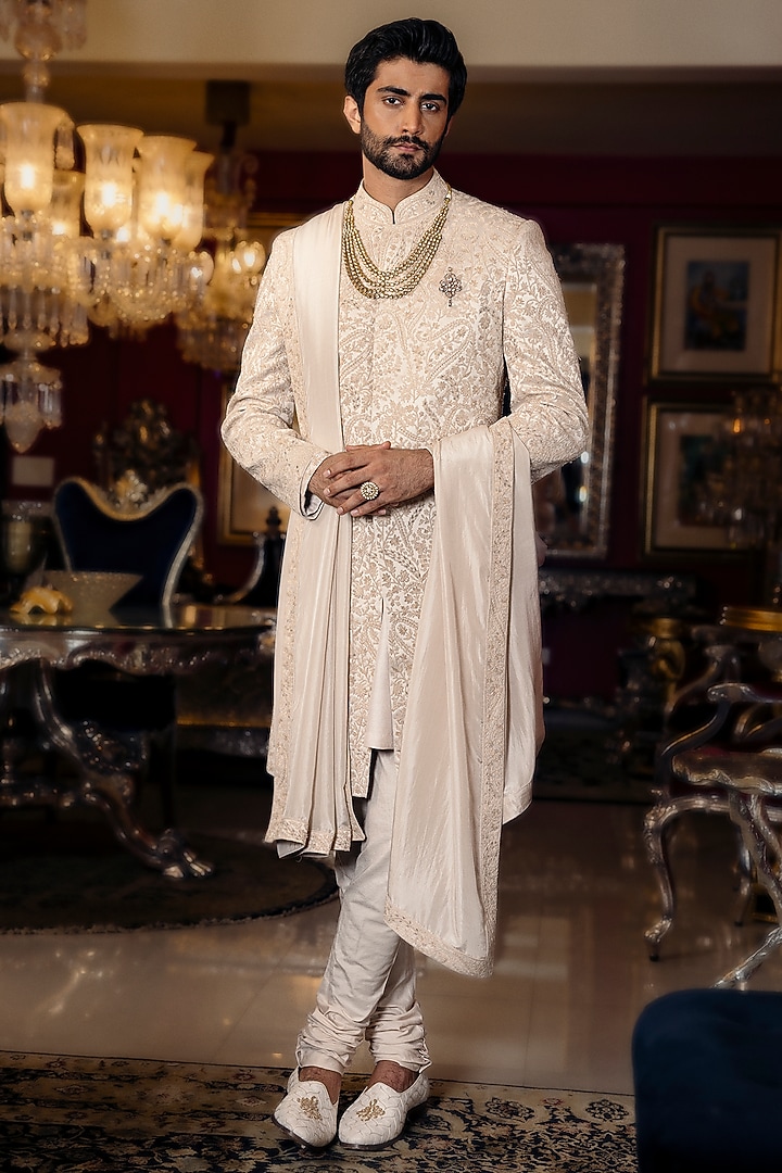 Unicorn Silver Dutch Satin Hand Embroidered Groom Sherwani Set by Dolly J MAN at Pernia's Pop Up Shop
