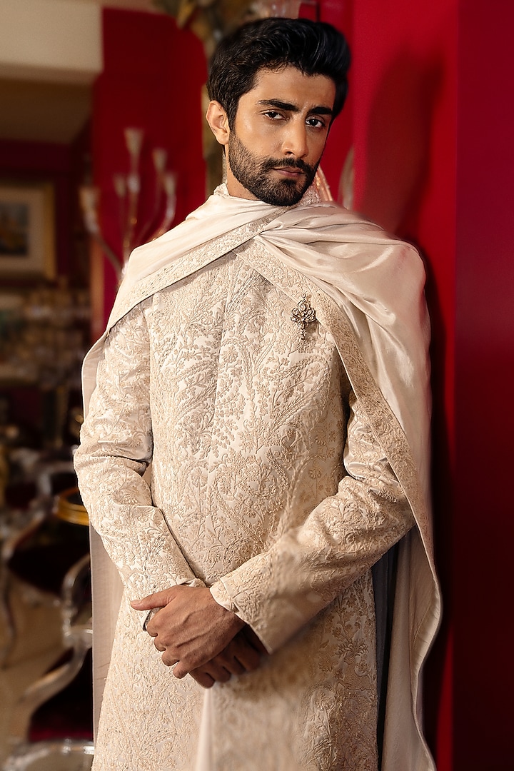 Unicorn Silver Dutch Satin Hand Embroidered Groom Sherwani Set by Dolly J MAN at Pernia's Pop Up Shop
