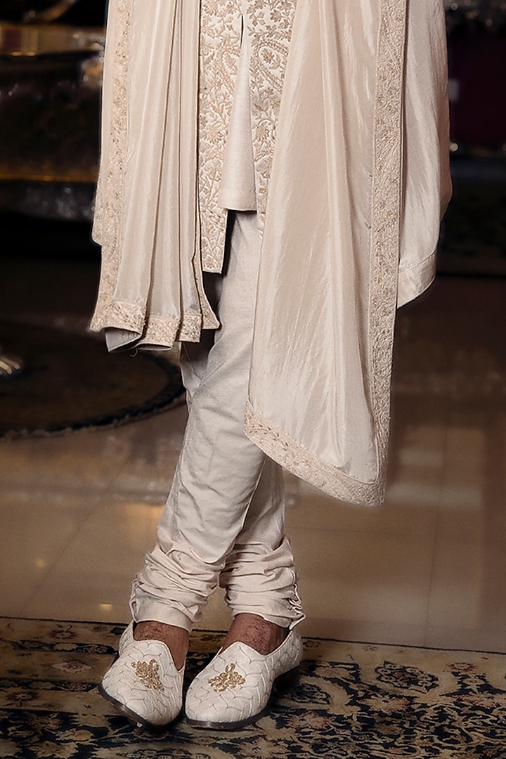 Unicorn Silver Dutch Satin Hand Embroidered Groom Sherwani Set by Dolly J MAN at Pernia's Pop Up Shop