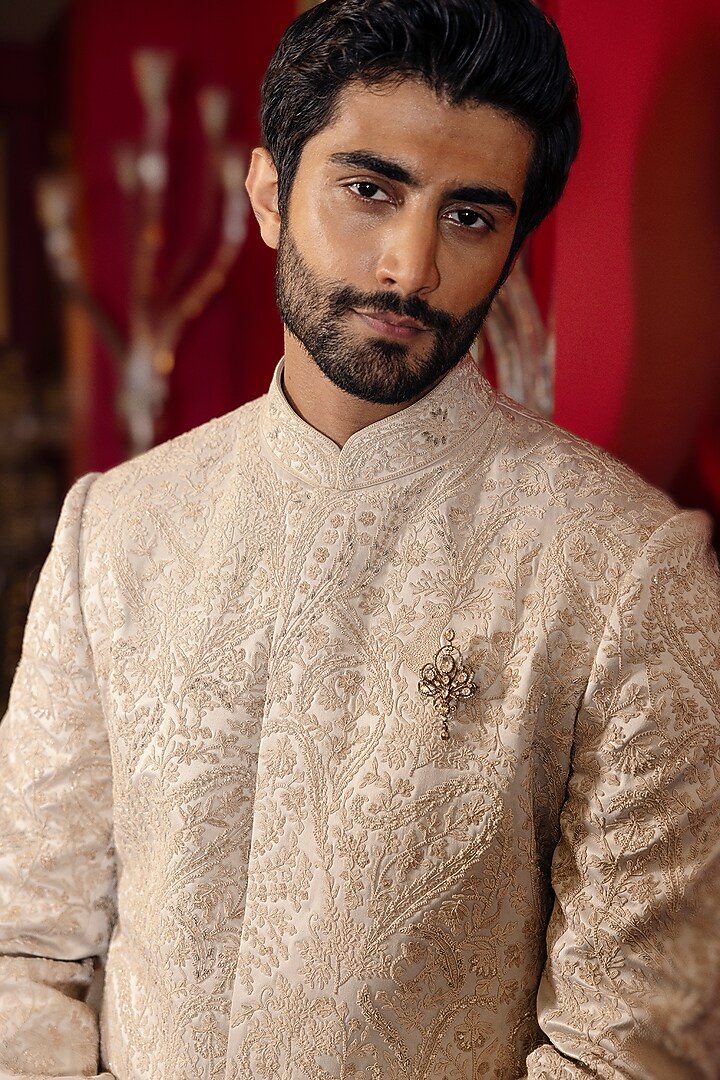 Unicorn Silver Dutch Satin Hand Embroidered Groom Sherwani Set by Dolly J MAN at Pernia's Pop Up Shop