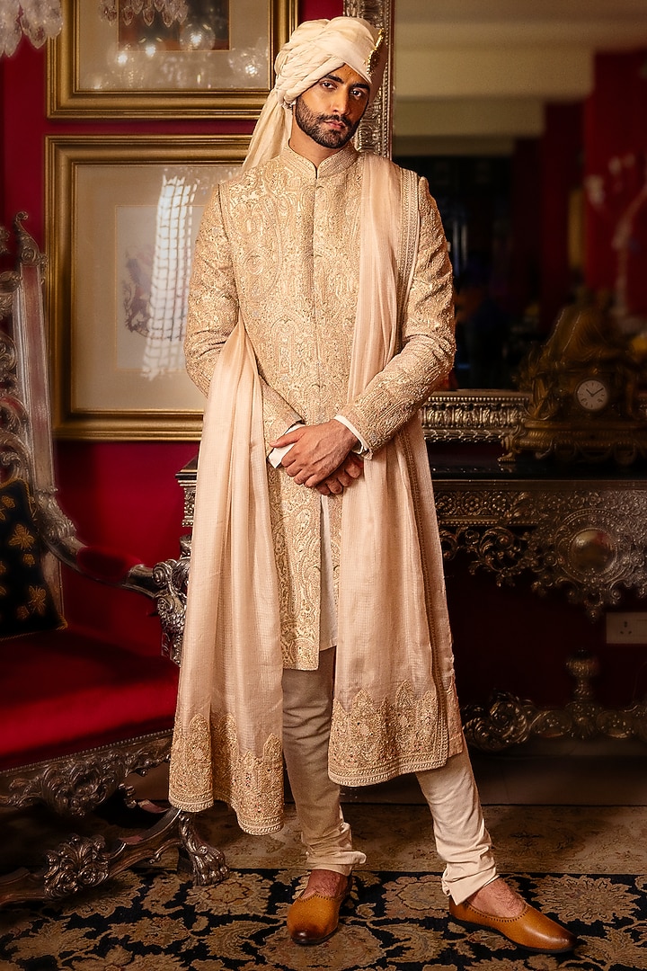 Champagne Pink Tissue Threadwork Groom Sherwani Set by Dolly J MAN at Pernia's Pop Up Shop