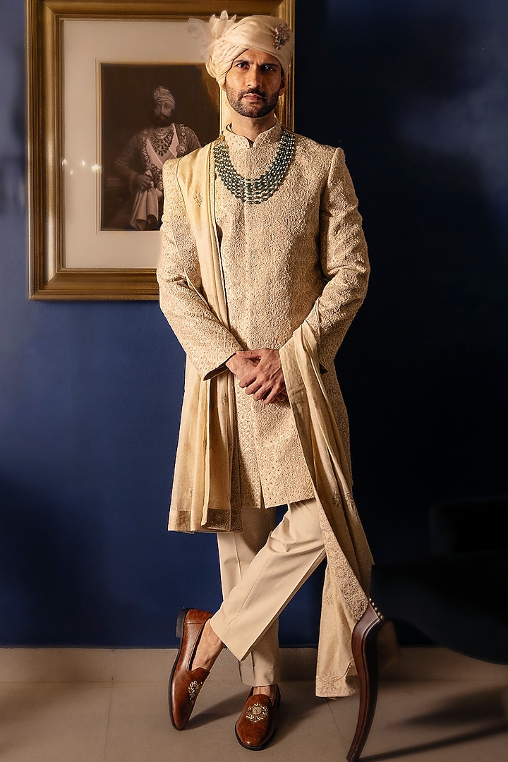 Champagne Pink Tissue Threadwork Groom Sherwani Set by Dolly J MAN at Pernia's Pop Up Shop