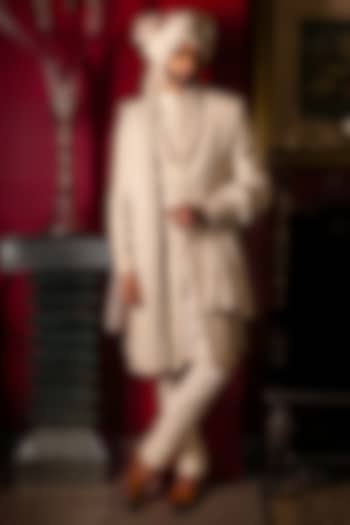 Cloud White Raw Silk Hand Embroidered Groom Sherwani Set by Dolly J MAN at Pernia's Pop Up Shop