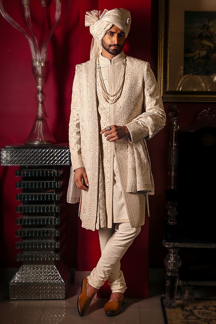 Cloud White Raw Silk Hand Embroidered Groom Sherwani Set by Dolly J MAN at Pernia's Pop Up Shop