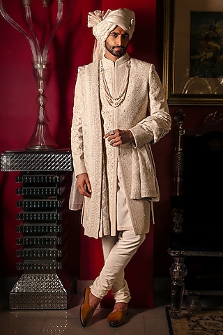 Cloud White Raw Silk Hand Embroidered Sherwani Set by Dolly J MAN